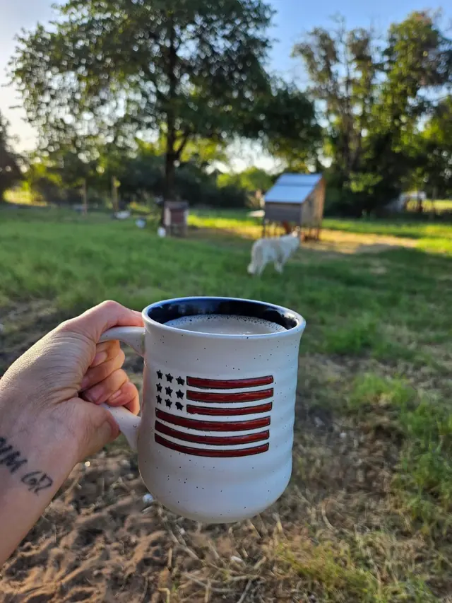 A flag coffee mug held up in the morning sun on the farm